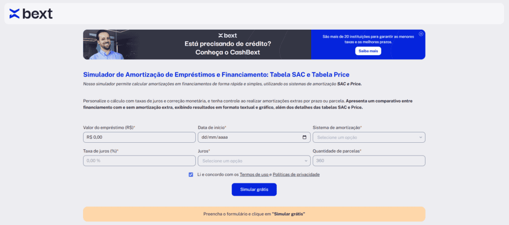 Representar visualmente o simulador de amortização da Bext Quer entender como isso funciona no seu financiamento específico? Você pode simular gratuitamente, sem compromisso, usando o próprio simulador de amortização da Bext, ou contar com uma assessoria de ponta a ponta, do planejamento do seu contrato até a liberação do crédito.