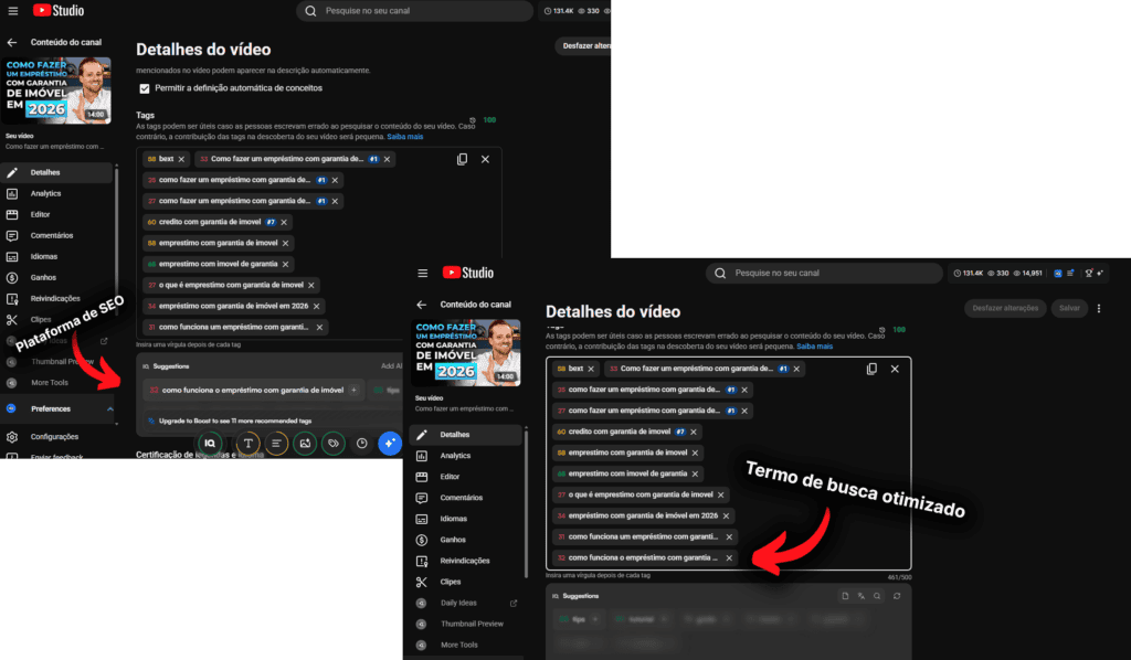 Movimento 1 — Reotimização: você identifica, pelos dados de performance pós-publicação, qual conteúdo e quais tags/termos performaram acima da média, e reotimiza esse conteúdo específico — título, thumbnail, abertura, tags — usando os termos que geraram o melhor resultado.