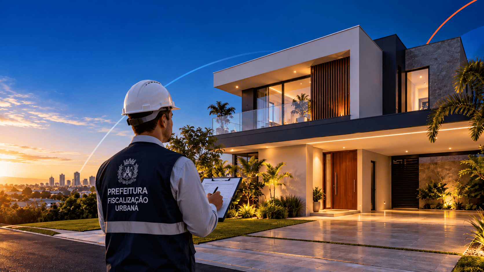 É uma imagem de um fiscal da prefeitura fiscalizando uma casa